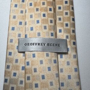 Geoffrey Beene Beige and Blue Square Pattern Handmade Silk Tie